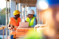 two guys on construction site talking to eachother